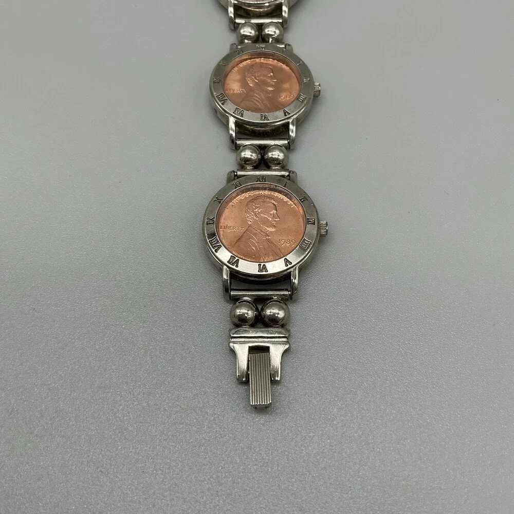 Vintage Jalga Womens Watch 25mm Bronze Dial Silver Tone Penny Coin Band 8.5